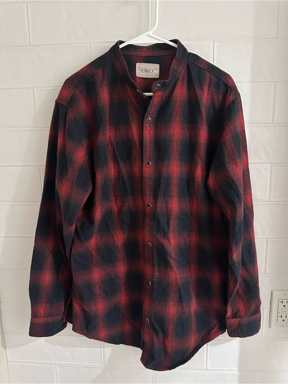 ORO Los Angeles Band Collar Plaid Flannel Shirt Mens Small Red Black Made In LA